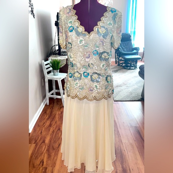 Vtg Niteline Della Roufogali silk bead floral gold pearl sequin evening dress 16 - Picture 1 of 13